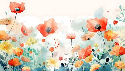 Watercolor vector background with hibiscus flowers and leaves.