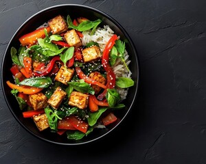 A vibrant stirfry dish featuring tofu, bell peppers, and sesame seeds, served over rice