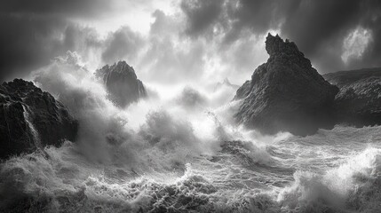Dramatic ocean waves crashing against rocky coast, stormy sky