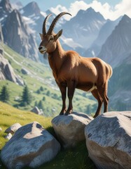 An ibex gazes down from its perch atop a granite boulder in the midst of a serene alpine meadow , ibex, alps, nature scene