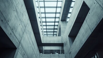 Fototapeta premium Concrete atrium, glass ceiling, modern building interior, city view, architecture design