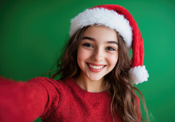 Happy, smiling blonde girl wearing a Santa hat and red sweater taking a selfie, isolated on a green background.