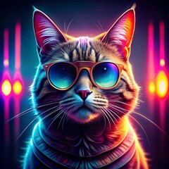 Trendy Cat with Glasses Against Neon Light Background: A Stylish and Futuristic Visual for Cat and Neon Art Lovers