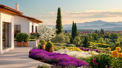 Beautiful garden view with vibrant flowers, mountains in the background, and a serene atmosphere