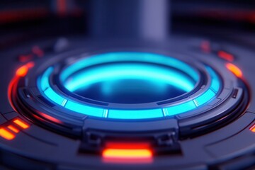 Nuclear reactors drive energy innovation. Futuristic circular design with glowing blue and red lights.