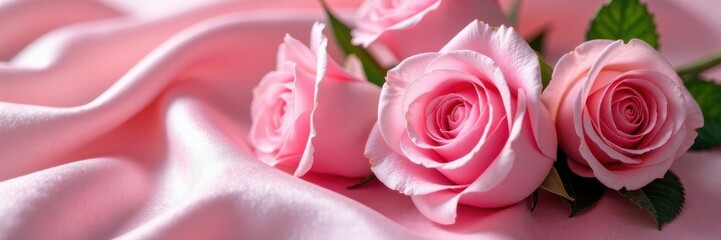 Obraz premium Delicate pink roses nestled on luxurious silk fabric , design, blossom, close-up