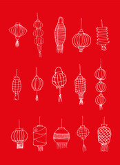 Set of hand-drawn Chinese lanterns, a large set of white on a red background