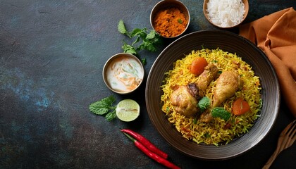 spicy and delicious chicken biryani top view