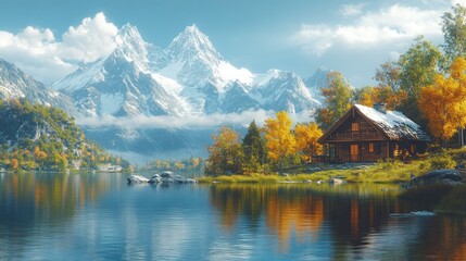 Fototapeta premium Mountain lake cabin autumn reflection serenity