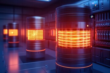 Nuclear reactors drive energy innovation. Futuristic data center with glowing storage units and technological ambiance.