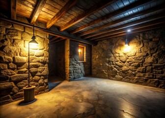 Dark Basement Interior: Stone Wall, Cement Floor, Night Photography