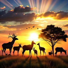 Stunning Sunset Over Tranquil Wildlife: Beautiful Natural Landscape with Animals in Peaceful Harmony, Perfect for Nature Lovers, Photographers, and Wildlife Enthusiasts