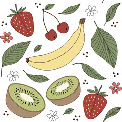 Design a seamless mixed fruit vector pattern in a flat style, including bananas, strawberries, kiwis, and cherries on a white background