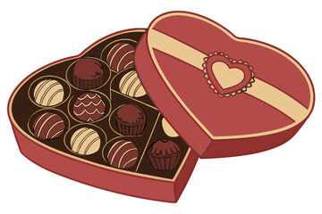 Heart-shaped box of chocolates, assorted gourmet truffles, Valentine's Day gift, luxury confectionery, top view, high detail, rich colors, various textures, spherical and shaped chocolates, red heart 