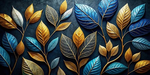 Dark Blue & Gold Leaf Wall Art - Elegant Home Decor Stock Photo