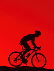 Obraz premium Athletic action silhouettes: cyclist climbing, red gradient background, sharp contrast