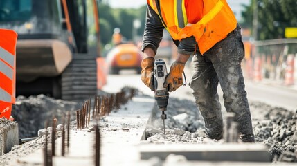 A construction worker operating a pneumatic drill to break concrete on a bridge repair site, with construction equipment and safety barriers in the background, Bridge repair scene