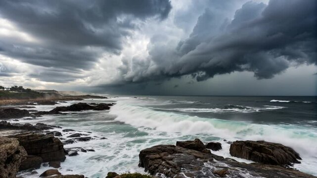 Dark Storm Clouds Rolling Over a Coastal Area, with Powerful Waves Crashing Against Rugged Rocks.