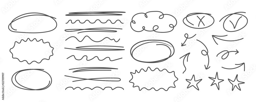 Fototapete set of doodle underline strokes oval arrow mark star collection. scribble highlight emphasis frames.