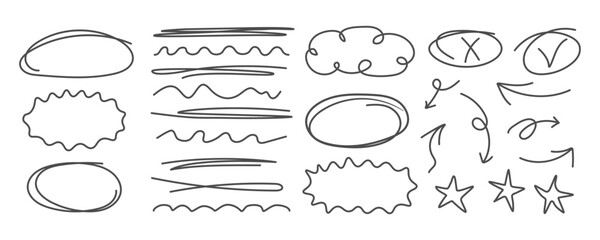 Set of Doodle underline strokes oval arrow mark star collection. Scribble Highlight emphasis frames. Monochrome Child drawing doodles. Elements for creative design infographic