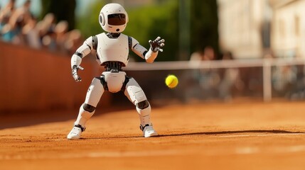 Fototapeta premium Playful Robot Engaging in Tennis Match on Clay Court with a Yellow Ball in an Outdoor Sport Environment