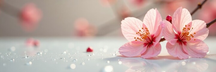 Soft focus of peach blossoms on a clean white surface with tiny raindrops, water drops, flower, raindrops