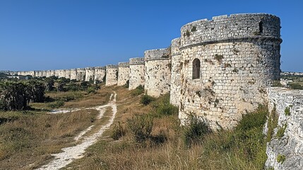 Fototapeta premium Ancient Stone Wall Fortification with Round Towers