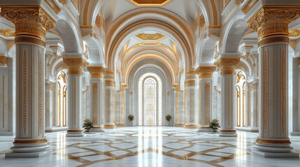 Fototapeta premium Grand Palace Hall, Marble Floor, Golden Arches, Sunlight, Interior Design