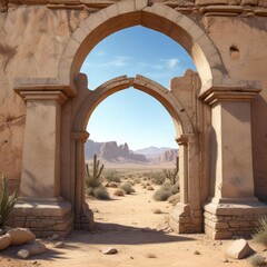 Fototapeta premium Ancient ruined cement wall with arched niches isolated in a desert landscape, wall, overgrown, isolation