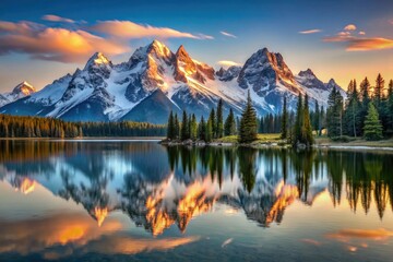 Snowy mountain range at sunset with majestic peaks and serene lake, natural beauty, scenic view, majestic mountains, sunrise, landscape