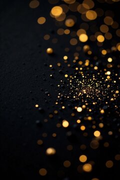 Tiny gold glitter dots scattered on dark black background with sparkly and shiny appearance, artistic decoration, gold glitter dots