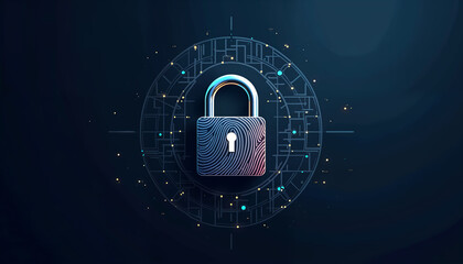 This image has an elegant fingerprint and padlock combination concept, biometrics. Suitable for security advertisements, AI Security, data security page banners, etc.