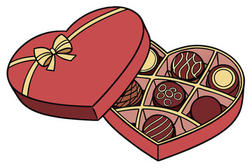 Heart-shaped box of chocolates, assorted gourmet truffles, Valentine's Day gift, luxury confectionery, top view, high detail, rich colors, various textures, spherical and shaped chocolates, red heart 