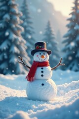 Obraz premium Snowman in winter landscape with trees and snowflakes, snowy, snowfall