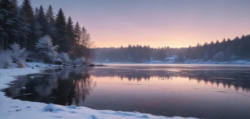 Fototapeta premium Snowflakes gently falling on a frozen lake in Bad Kissingen Bayern, bayern, frozen lake, winter wonderland