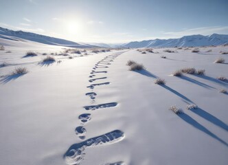 Obraz premium Snow-covered trail of footprints leading into the distance, frozen ground, cold weather