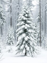 Obraz premium Snow covered pine tree standing tall in a winter forest, surrounded by a blanket of glistening white snow, season, woods, forest