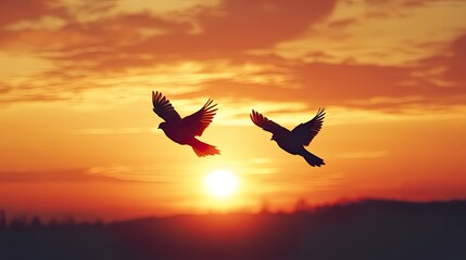 Fototapeta premium Romantic Couple of Lovebirds in Flight Valentines Day Sun
