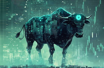 Dynamic Bull Charging through a futuristic financial cityscape, symbolizing Market Strength and growth,