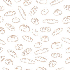 Bread seamless pattern background. Hand drawn bread motif wallpaper. Bakery, bake shop backdrop or food wrapper