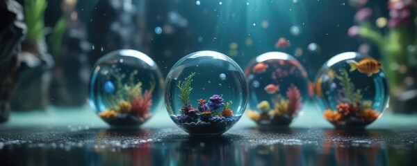 aquarium scene featuring multiple defocused spheres rising from the depths, aquatic, translucent objects