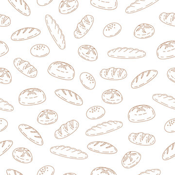 Bread seamless pattern background. Hand drawn bread motif wallpaper. Bakery, bake shop backdrop or food wrapper
