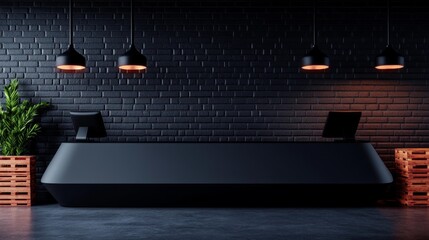 Modern office desk setup with computer and hanging lamps. Generative AI