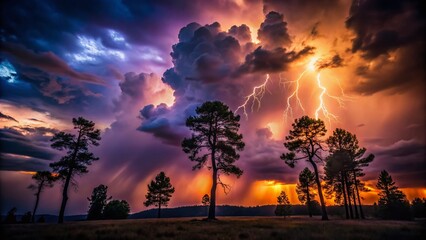 Dark Silhouette Trees Stormy Forest Landscape Dramatic Lightning Clouds Night Nature Photography