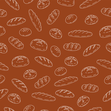 Hand drawn bakery seamless pattern background. Bread line art motif  for bakery wallpaper, backdrop, packaging or food wrapper