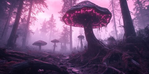 Enigmatic mushroom growth enchanted forest nature mystical environment low angle view fantasy concept for dreamlike landscapes