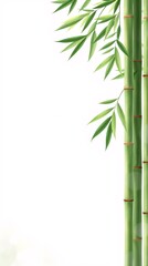 Green bamboo and leaves watercolor, set on plain white wallpaper background.