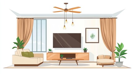 Fototapeta premium Modern living room interior design, sunny window, plants