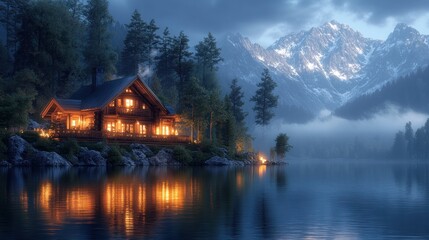 Fototapeta premium Mountain lake cabin sunset reflection