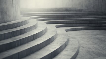 Abstract curved concrete staircase ascending towards light.